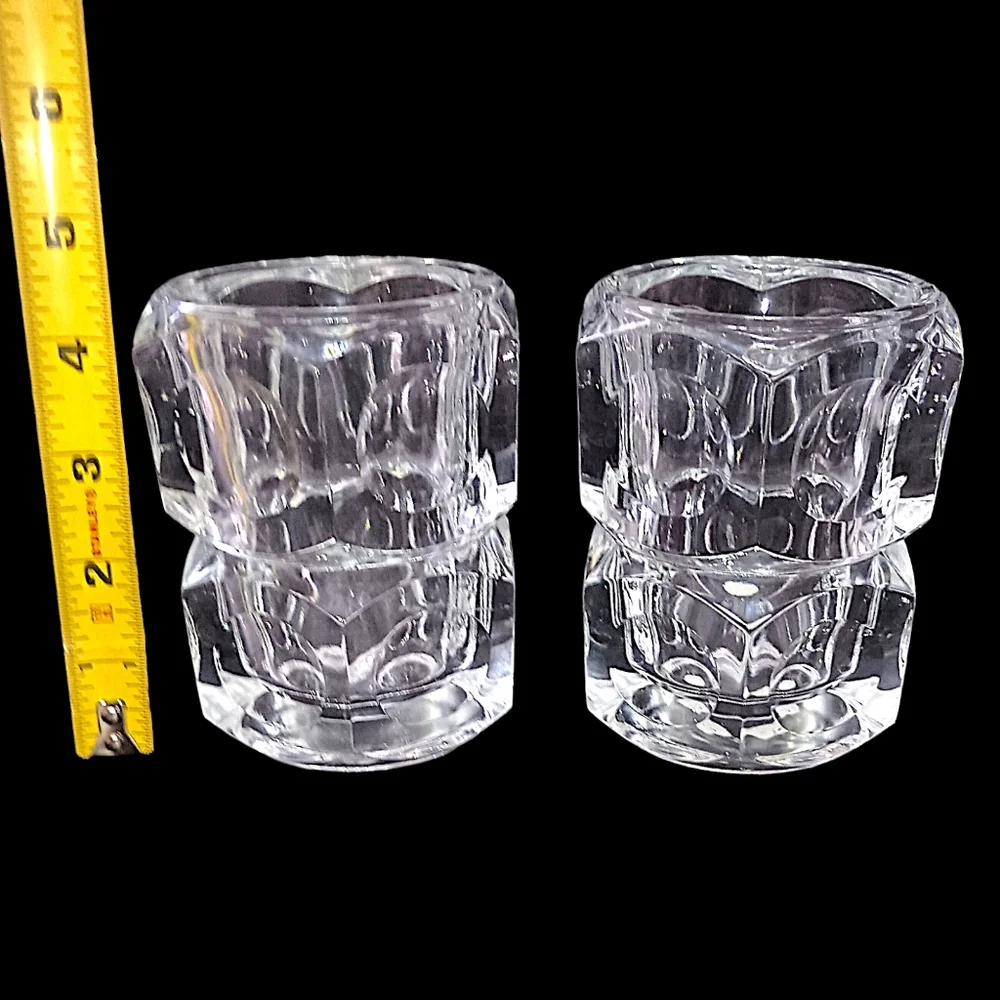 2 Vtg Modernist Crystal Candle Holders Block Cube Bohemia Glass Cubist Icy Clear